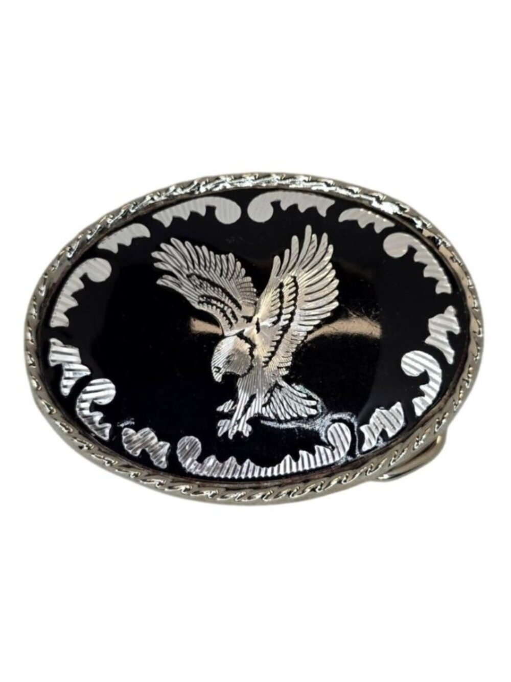 Vintage Oval Silver & Black Eagle Belt Buckle Made In USA Western Style Accessor